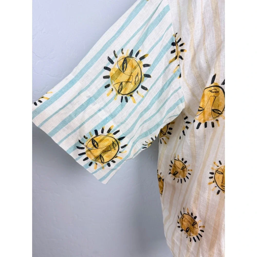 Anthropologie Sun Face Striped Linen Blend Button Down Shirt Blue‎ Yellow Small